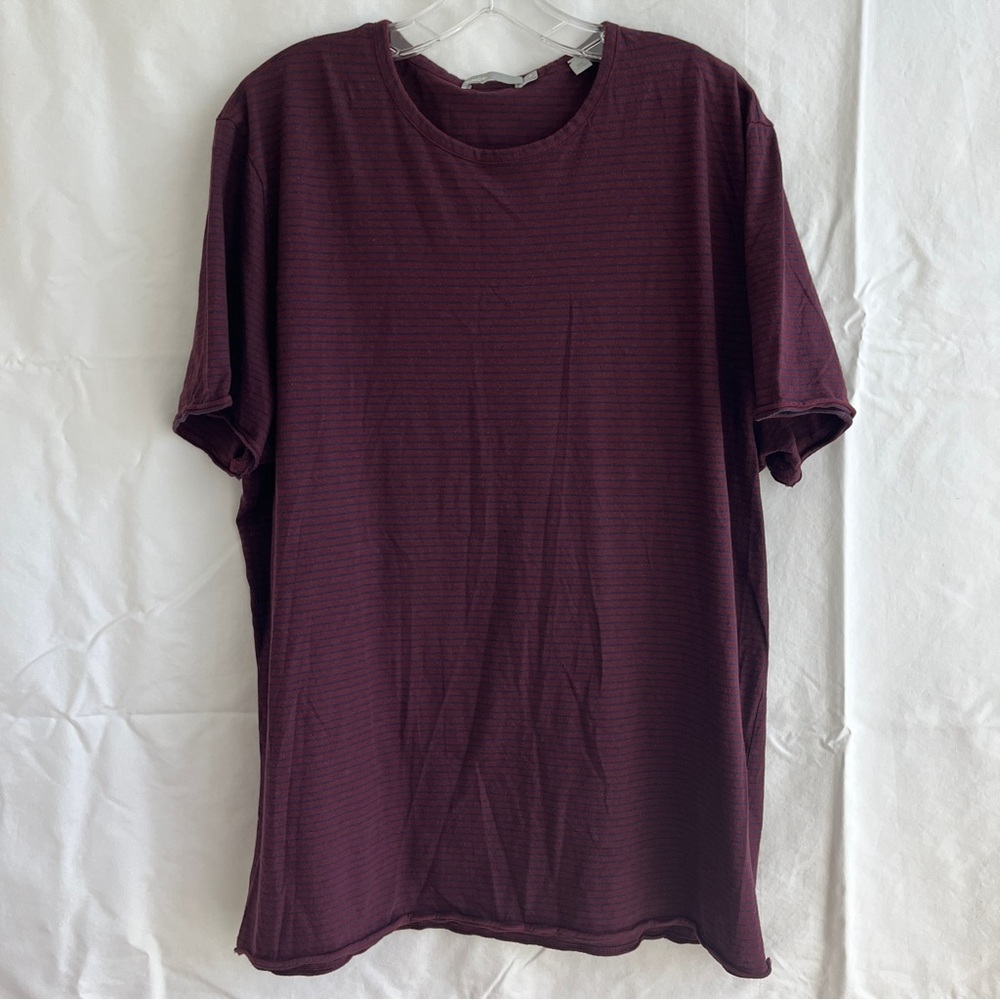Vince burgundy striped Pima cotton tee, made in Peru. Size XL, light weight.